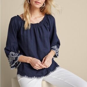 Soft Surroundings Navy Embroidered Boho Peasant Josey Top Medium